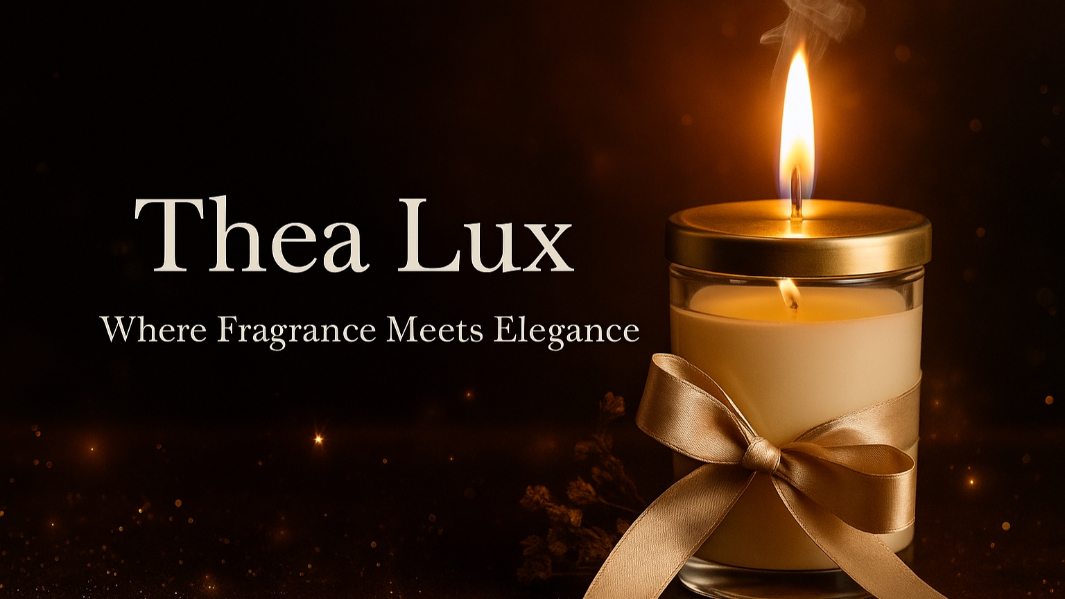 Candle in a glass jar with a gold lid and ribbon, featuring 'Thea Lux' on a dark background.